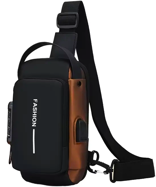 Сумка нагрудна чоловіча водонепроникна USB Чорний з коричневим (29697215)