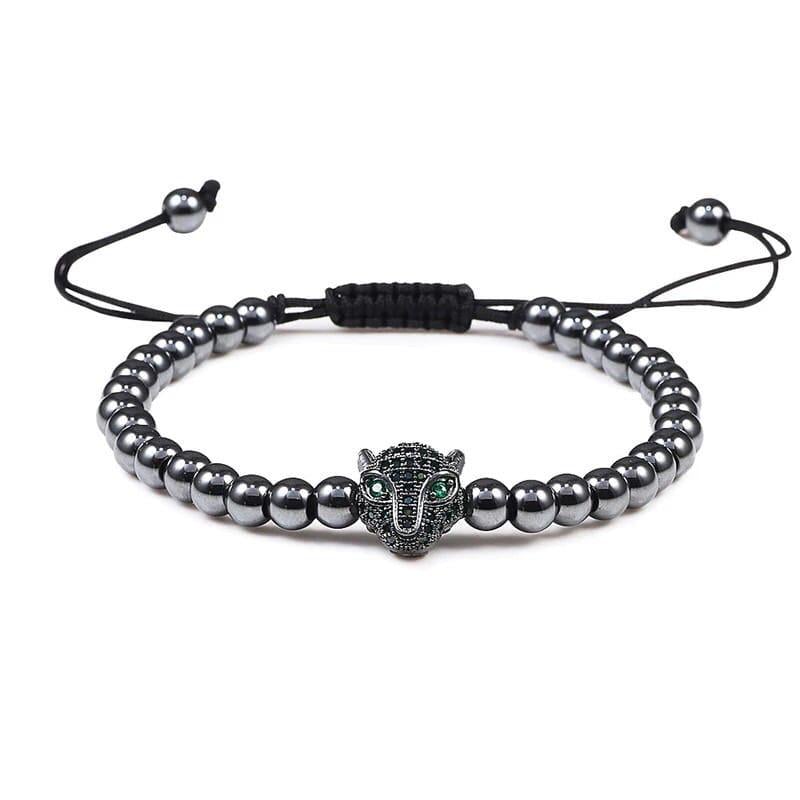 Браслет из гематита с пантерой на стяжке р. 16 Черный (13005)