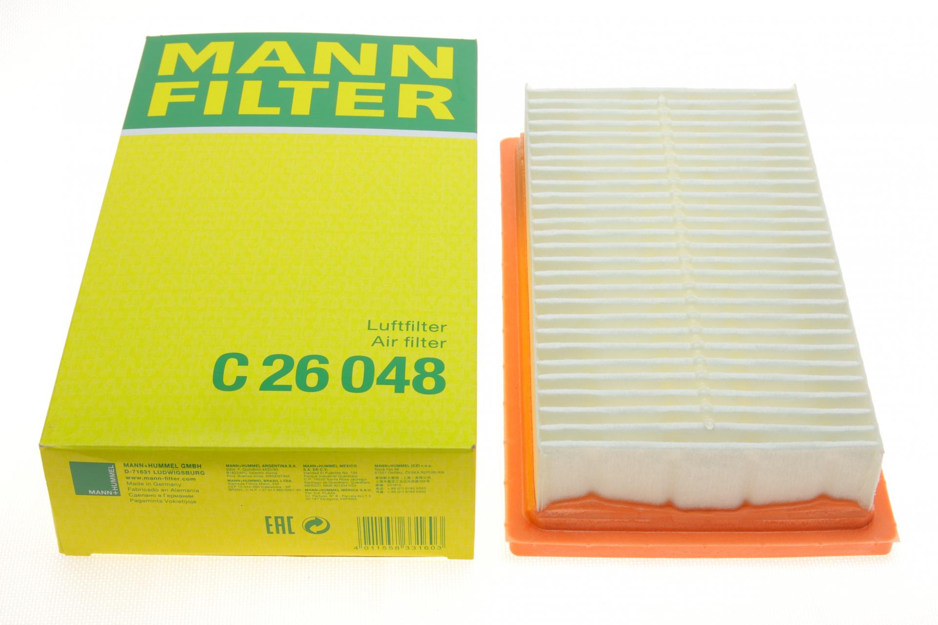 Фильтр воздушный Mann-Filter для Hyundai Accent/Solaris 1,4/1,6/Kia Rio 1,0T-GDI/1,2-1,6/1,4CRDi/Stonic 1,6CRDi 17- (C 26 048)