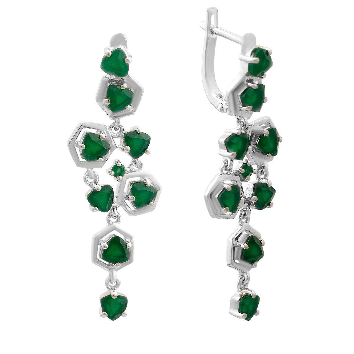 Серьги серебряные с шестиугольной формой и вставками зеленого агата в форме сердец