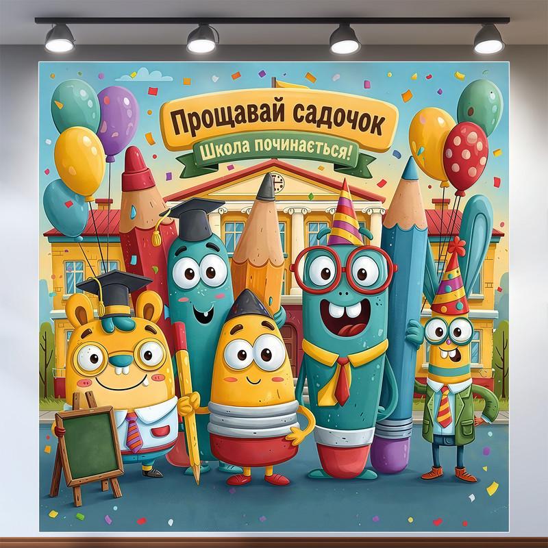 Баннер для фотозоны "Прощавай садочок школа починається" с персонажами канцтоварами 160х160 см