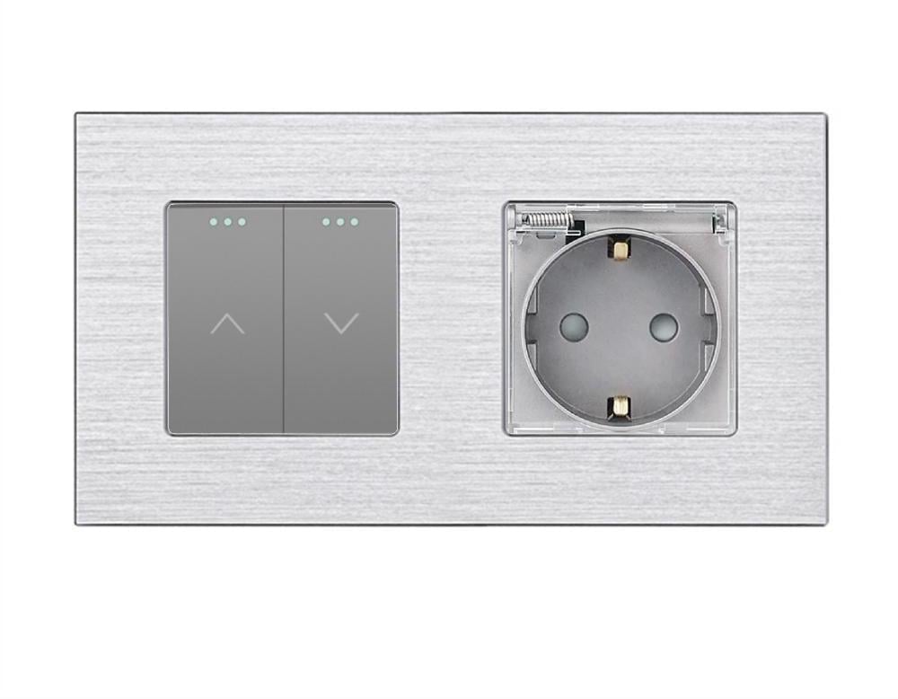 Выключатель двойной WALLPAD с розеткой IP44 алюминий с заземлением/защитными шторками Серый