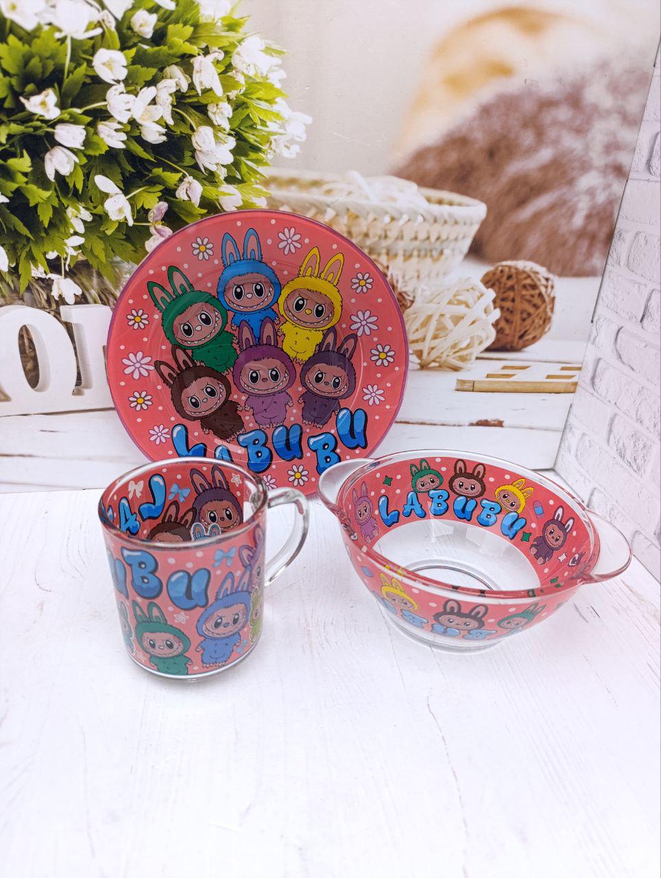 Дитячий набір столового посуду Metr+ Labubu скляний 3 предмети (LAB1)