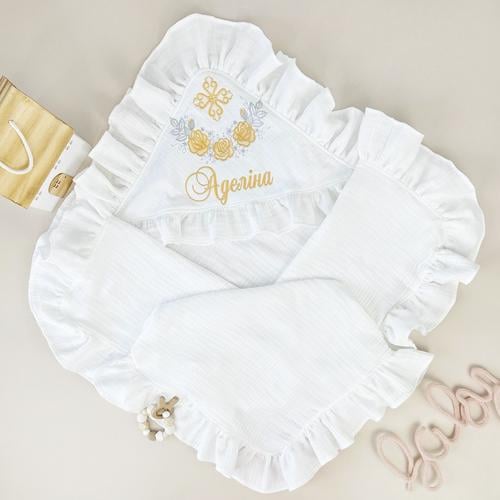 Крижма з мусліну для дівчинки Family Tradition Троянди Хрещення з вишивкою 100х100 см Білий (50150)