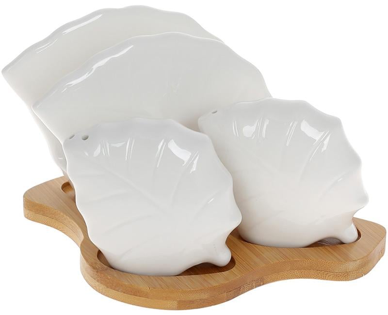 Набір для спецій Ceram-Bamboo сільничка/перечниця/серветниця на бамбуковій підставці фарфор Білий (BD-375-397)