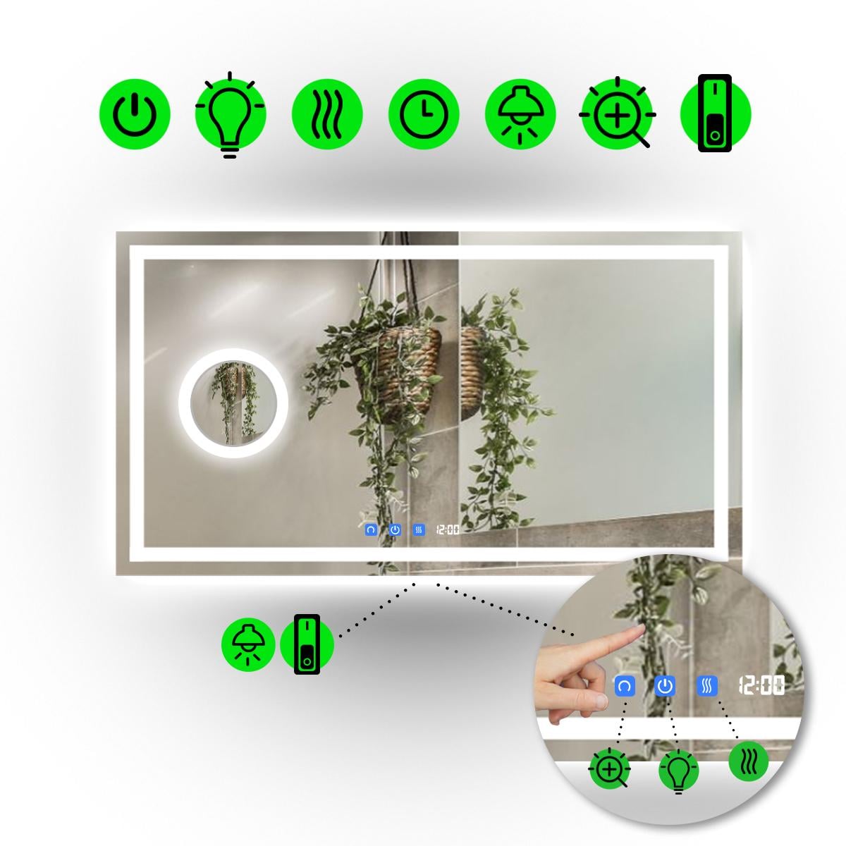 Зеркало с LED подсветкой Karnet с тремя сенсорами/часами и механическим включателем 80x70 см (Karnet/800x700/6191-14/22/1)