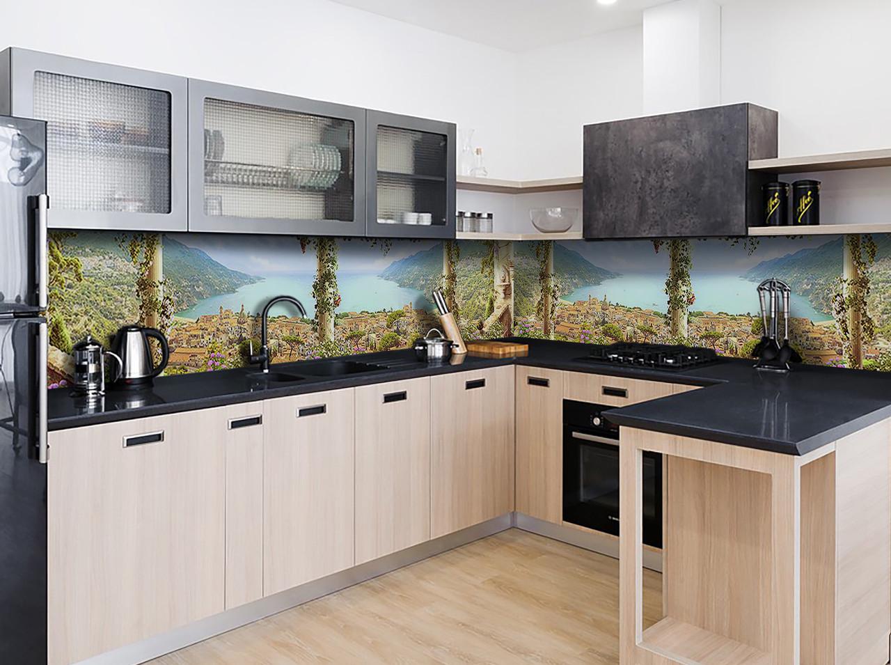 Кухонный фартук Вид на морской залив c самоклеющейся виниловой пленки 60х300 см Голубой