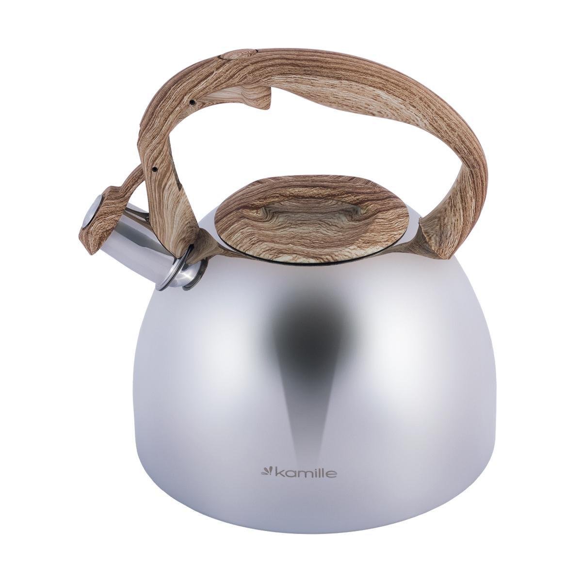 Чайник Kamille Vizo из нержавеющей стали со свистком для индукции и газа 2,7 л Cтальной с коричневой ручкой