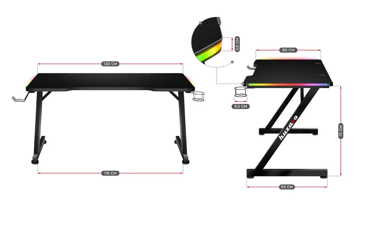 Комп'ютерний стіл геймерський Huzaro Hero 2.5 RGB з LED підсвіткою з вирізом Чорний - фото 2