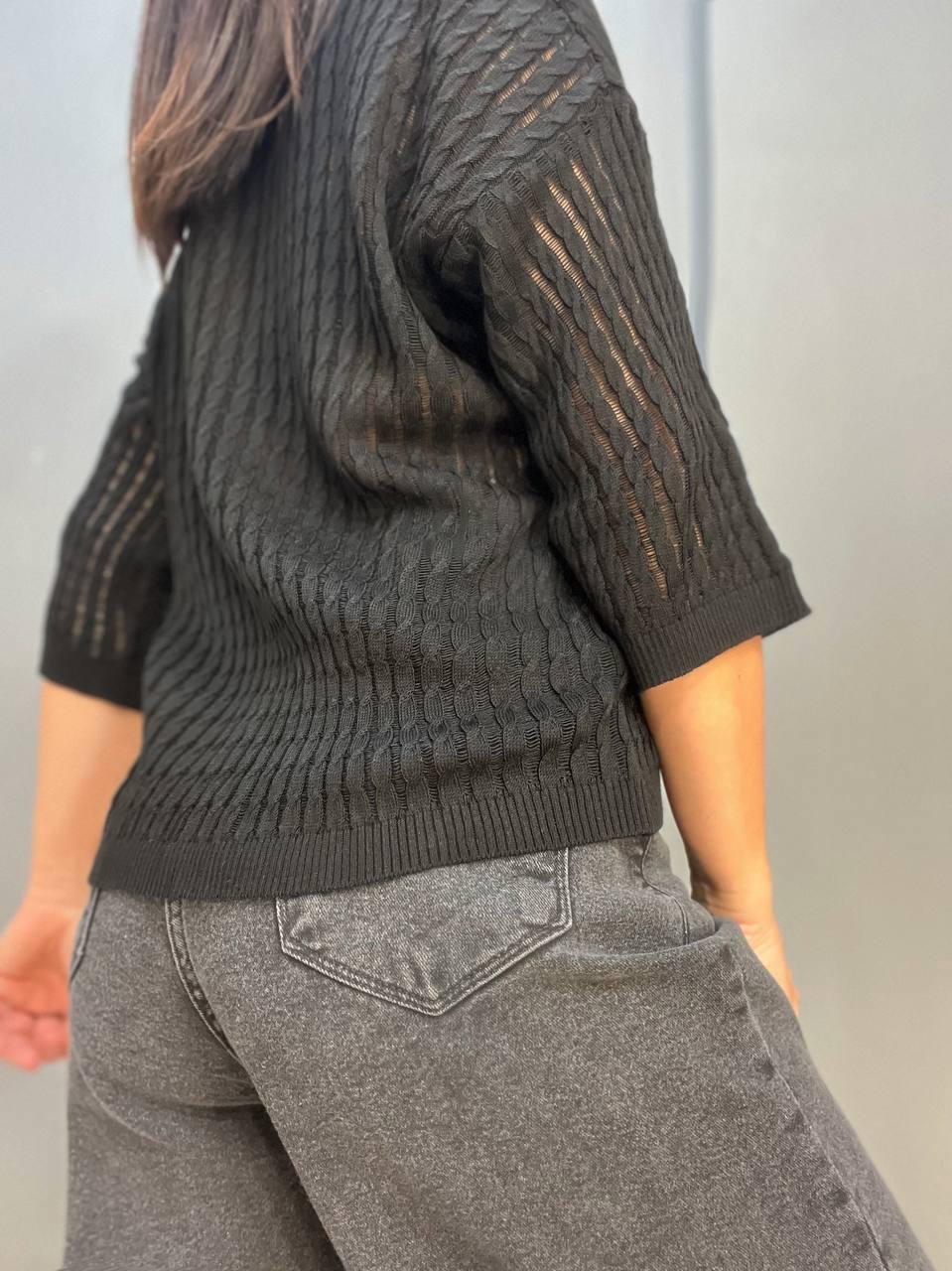 Джемпер жіночий KARON 10646 напівпрозорий реглан ажурна вʼязка косичка короткий рукав OS Чорний (1249) - фото 7 Джемпер жіночий KARON 10646 напівпрозорий реглан ажурна вʼязка косичка короткий рукав OS Чорний (1249) - фото 7