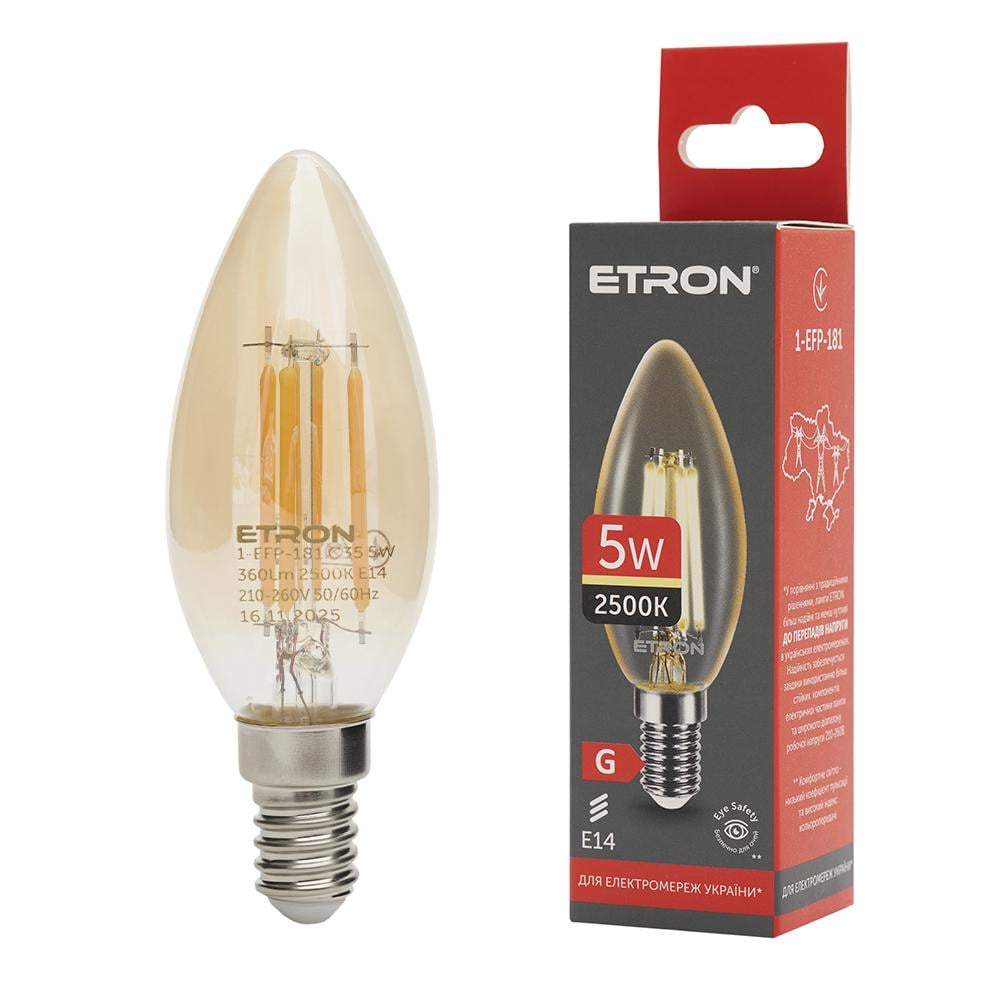 Светодиодная лампа филаментная ETRON Filament C37 E14 2700K 5W Золотой (1-ELP-181)