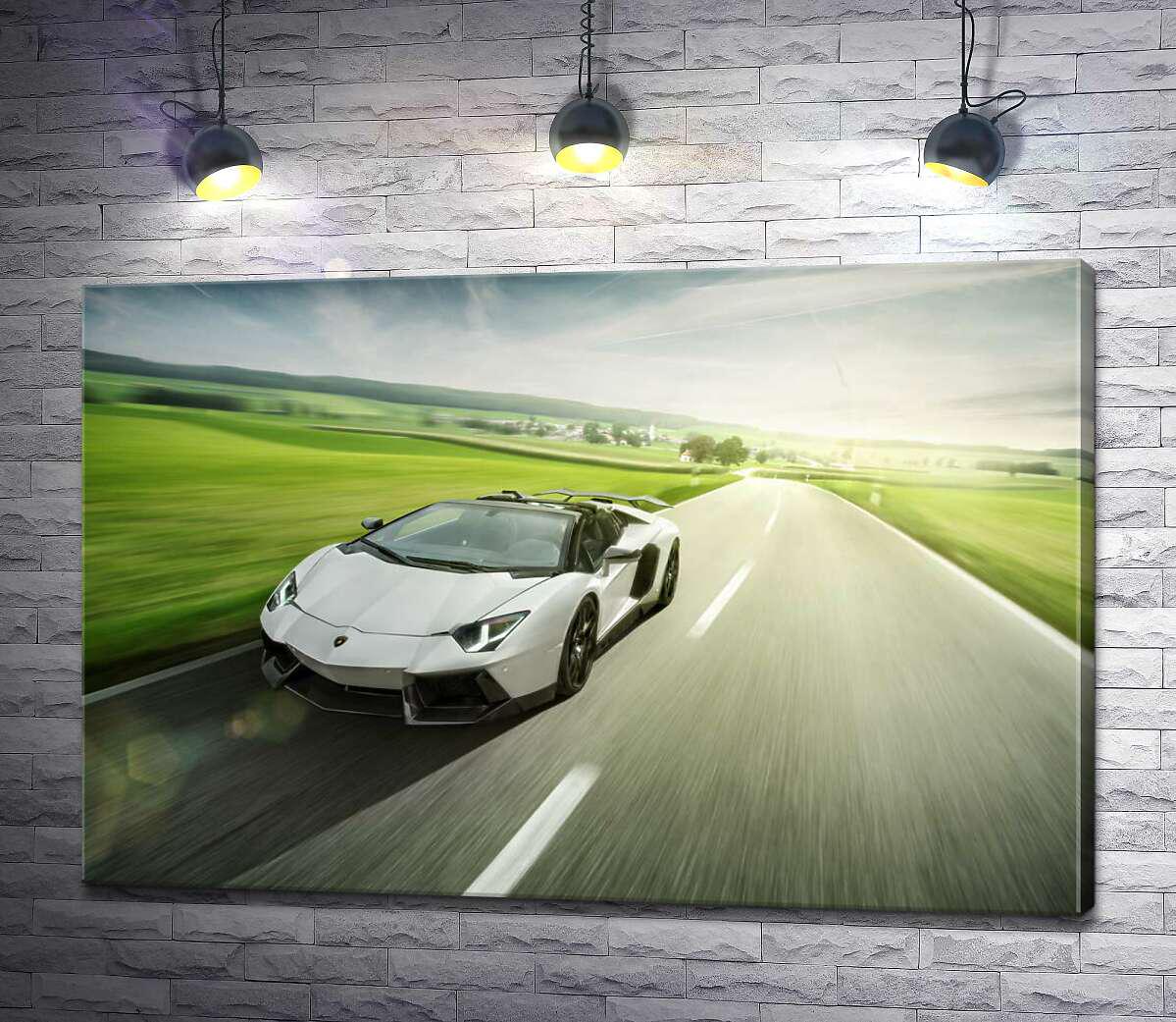 Картина ArtPoster Белый Lamborghini Aventador Roadster несется мимо зеленых полей 50x33 см Модуль №1 (003381)