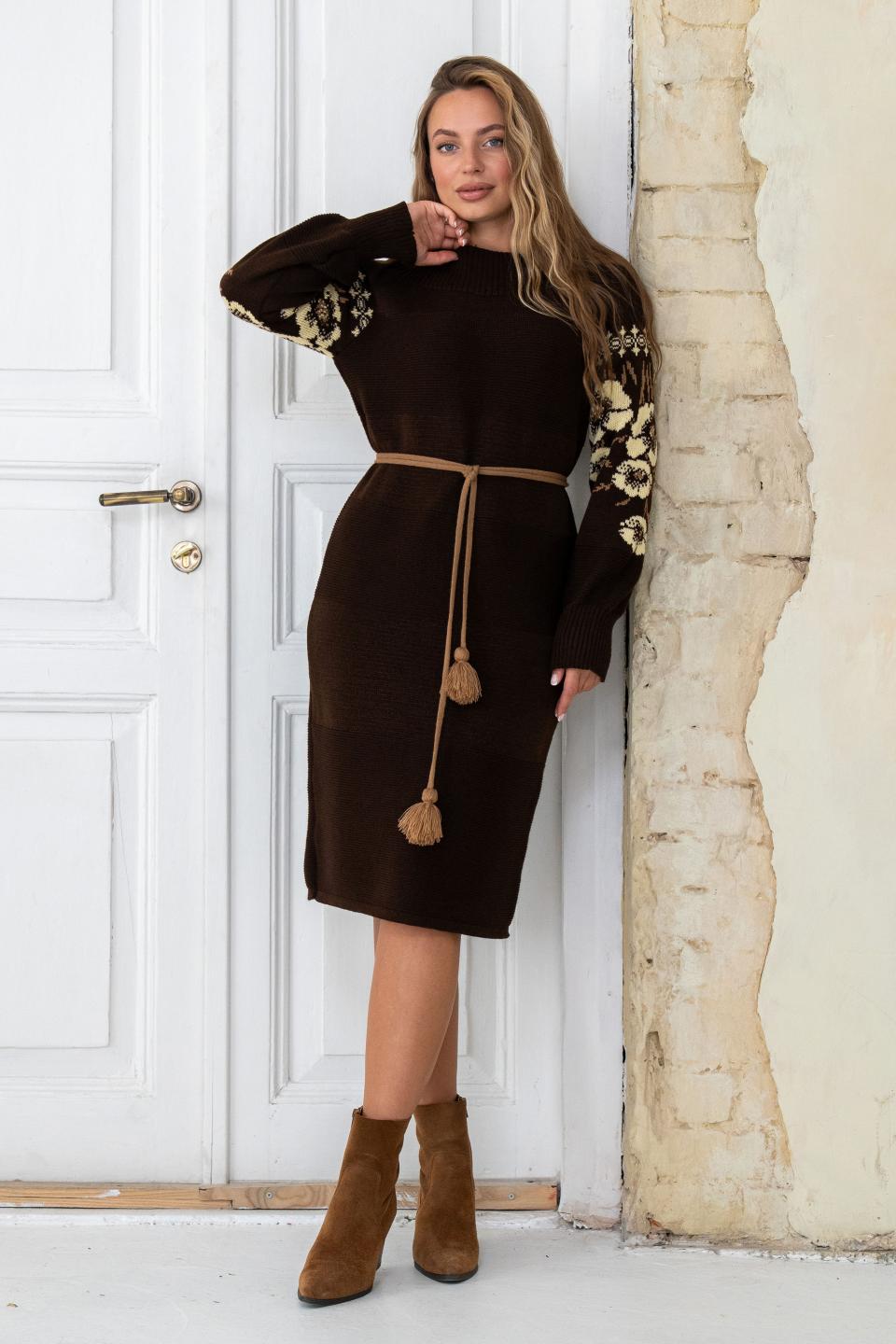 Платье вязаное с орнаментом р. 48-54 Шоколадно-карамельный (ЛЮ01)