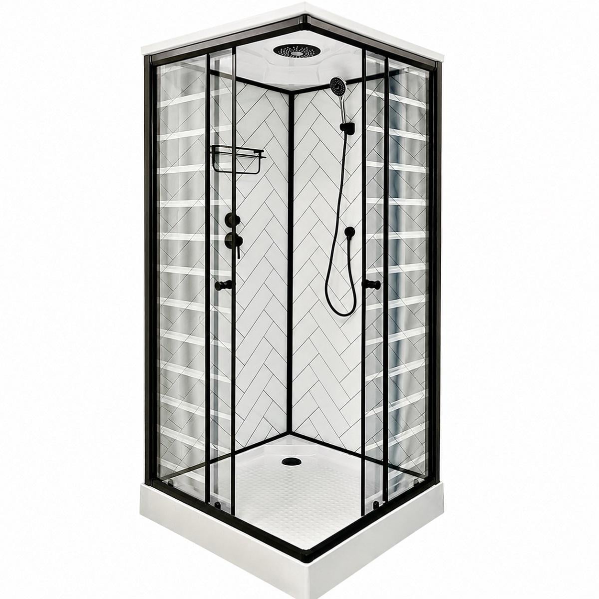 Душевой бокс квадратный ARTEX BST-90-43 90х90х215 см с акриловым поддоном 15 см/черным профилем и прозрачным стеклом с принтом