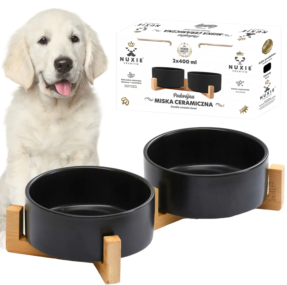 Миска подвійна керамічна для собак і котів на підставці 2х400 мл Чорний