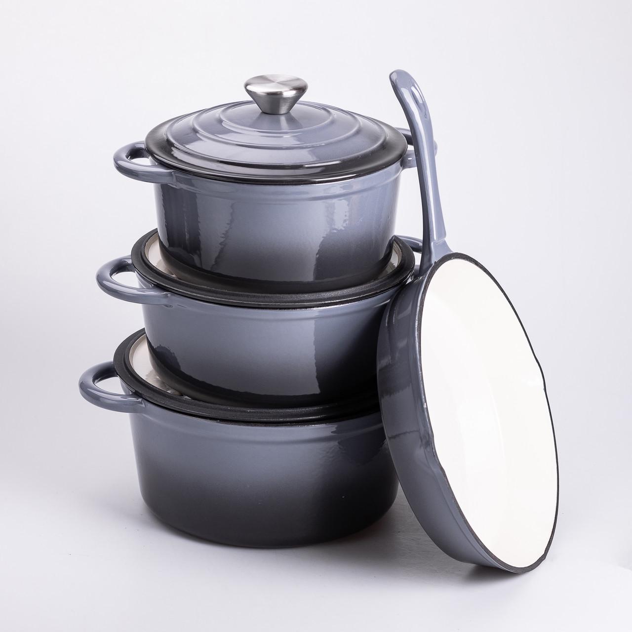 Набор чугунной посуды HP-1-5 для приготовления 3 кастрюли и сковорода с эмалированным покрытием Серый (7248) Набор чугунной посуды HP-1-5 для приготовления 3 кастрюли и сковорода с эмалированным покрытием Серый (7248)