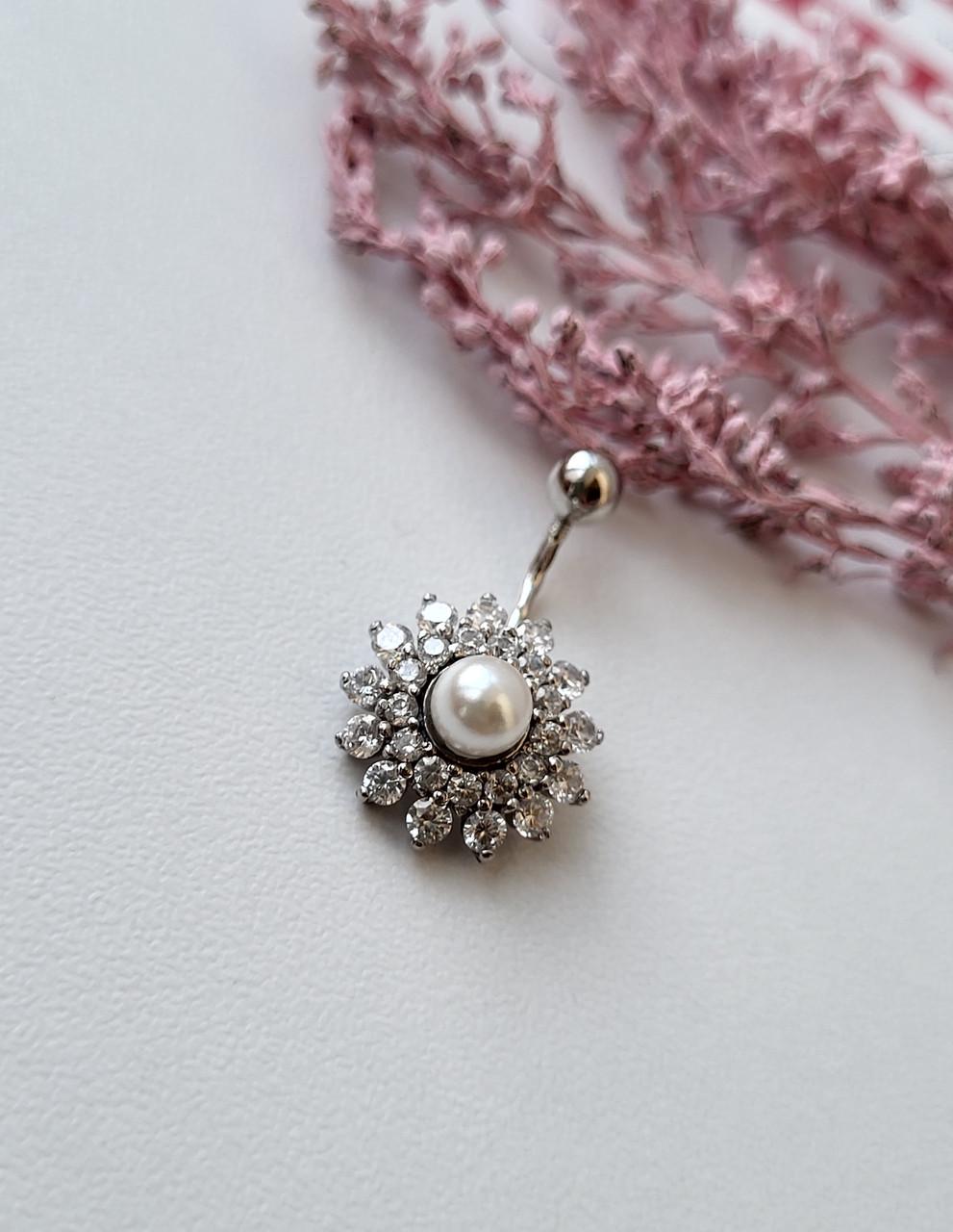 Пирсинг в пупок с жемчужиной солнышко серебро 925 пробы родированное (601535р)