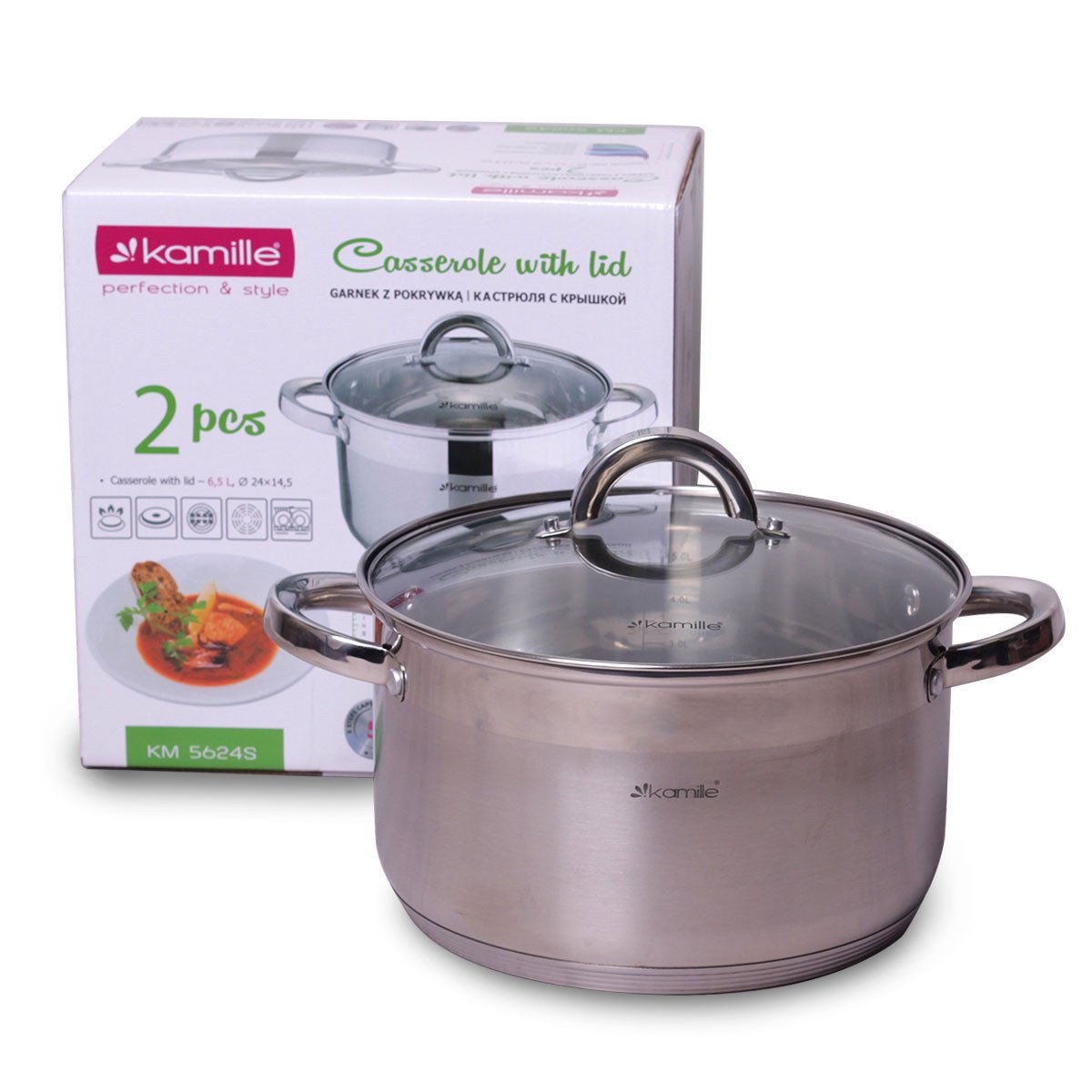 Каструля з кришкою Kamille 5,5 л і порожнистими ручками для індукції і газу (KM-4524S)