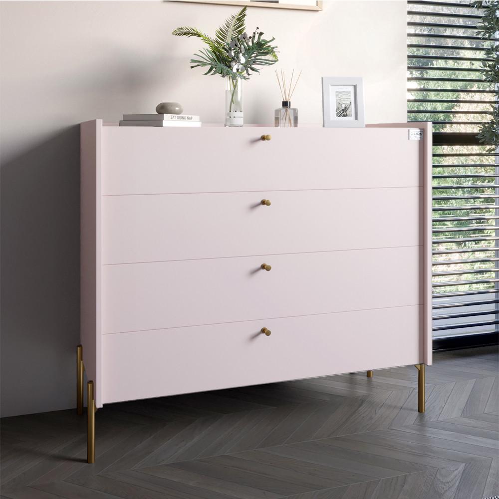 Комод с 4 ящиками Lion Wood с золотыми ножками 100х90х45 см Розовый (Lion-042970) - фото 1