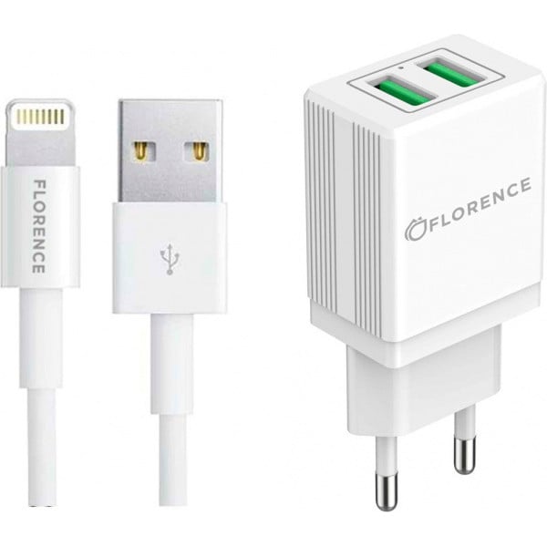 Зарядка Florence FL-1021-WL 2 USB, 2.1A Lightning cable White