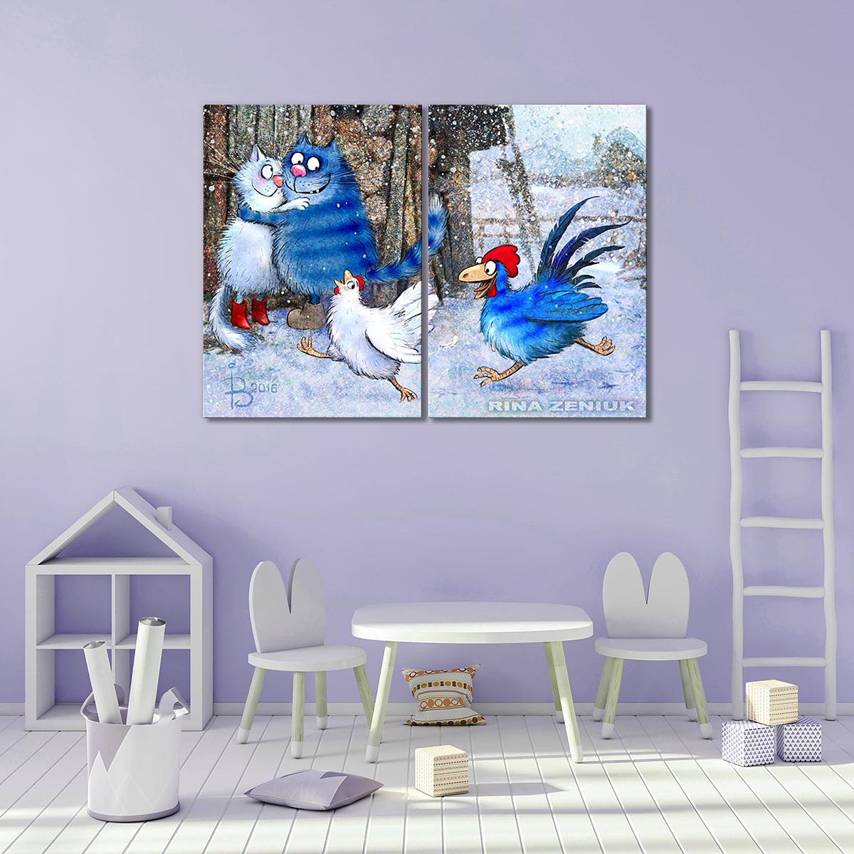 Модульна картина Кіт і Півень залицяються до дам 2 модуля 70x105 см Модульна картина Кіт і Півень залицяються до дам 2 модуля 70x105 см