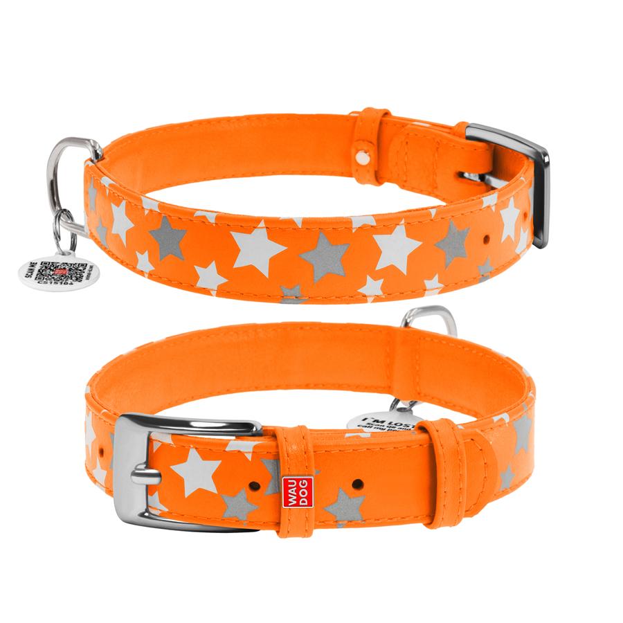 Нашийник для собак з QR-паспортом Waudog Glamour Зірочка шкіряний світиться/світловідбиваючий L 25 мм 38-49 см Orange (35874) - фото 1 Нашийник для собак з QR-паспортом Waudog Glamour Зірочка шкіряний світиться/світловідбиваючий L 25 мм 38-49 см Orange (35874) - фото 1