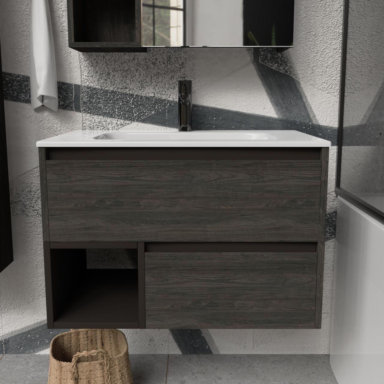 Тумба подвесная с раковиной MVK Vostok Craft 80 В2 800х450х530 мм Морское дерево Карбон (c280kb) - фото 1