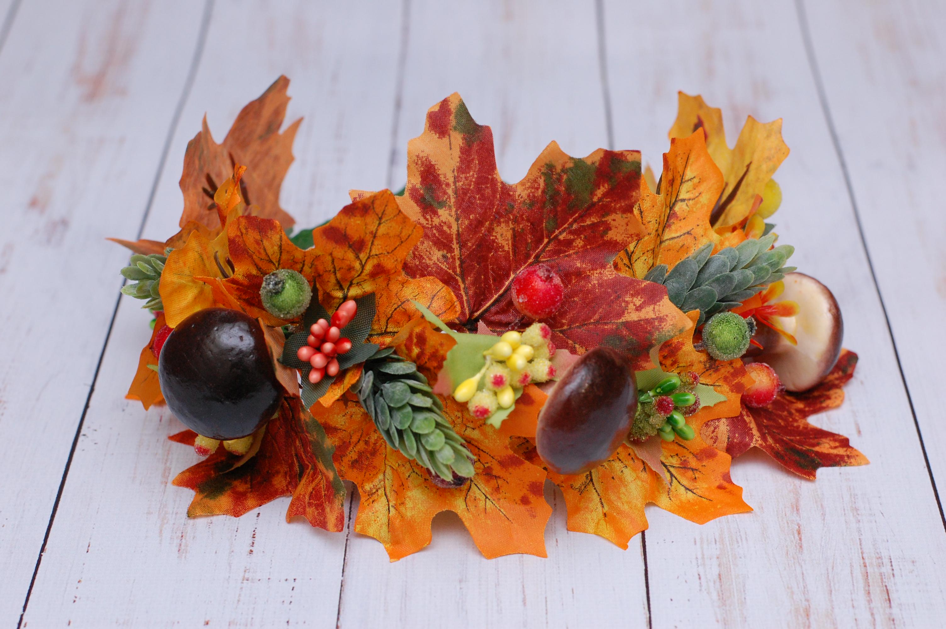 Обруч для волос осенний с листьями и грибами (216 Об)