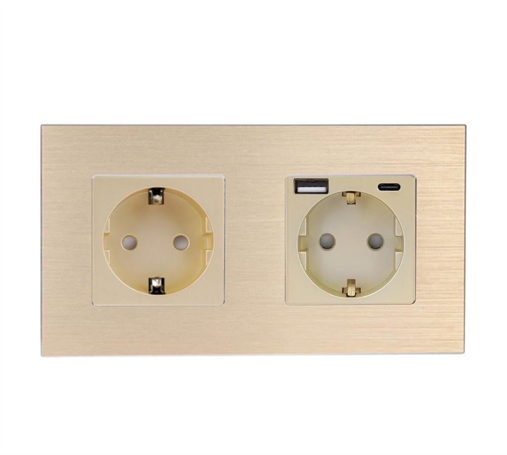 Розетка двойная WALLPAD с USB A+C 20Вт с заземлением/шторками 250В 16А алюминиевая рамка Золотой (WP-M2FGAC-GD)