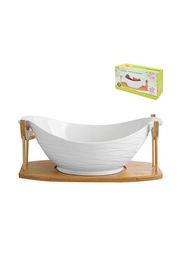Фруктівниця порцеляна на бамбуковій підставці MC3654-12 White Classic 12" 31х17х12 см - фото 1