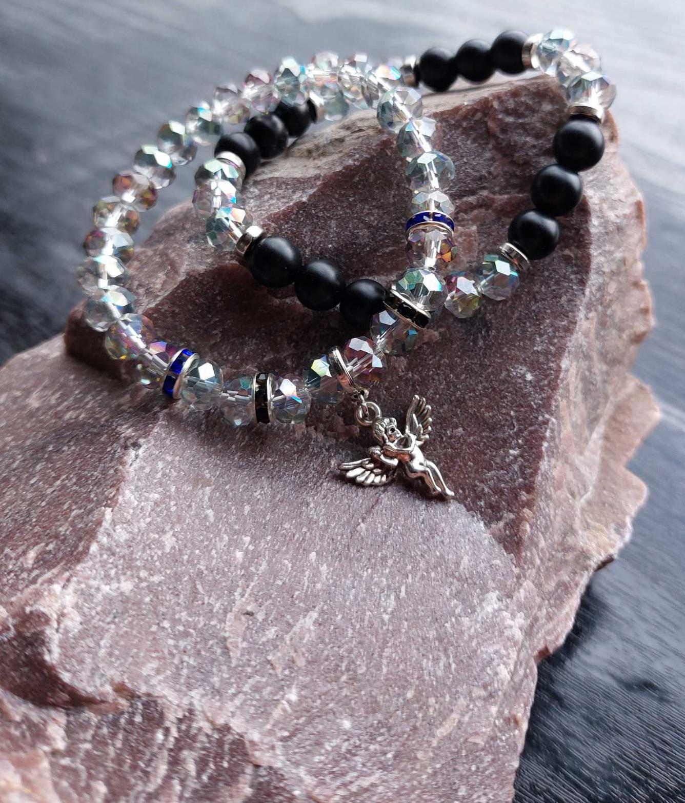 Браслет LITAURS из натурального камня черный агат/австрийский хрусталь и металлическими вставками L 18-21 см 2 шт. (250705-1)