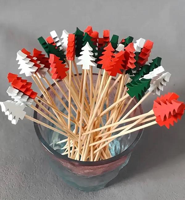 Шпажки новогодние деревянные Елки ассорти 25 шт. 12 см (10616) - фото 2