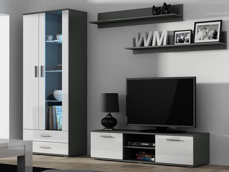 Стенка в гостиную Сama Soho 11 из ламинированной ДСП и стекла без подсветки Серый/Белый 22502) Стенка в гостиную Сama Soho 11 из ламинированной ДСП и стекла без подсветки Серый/Белый 22502)