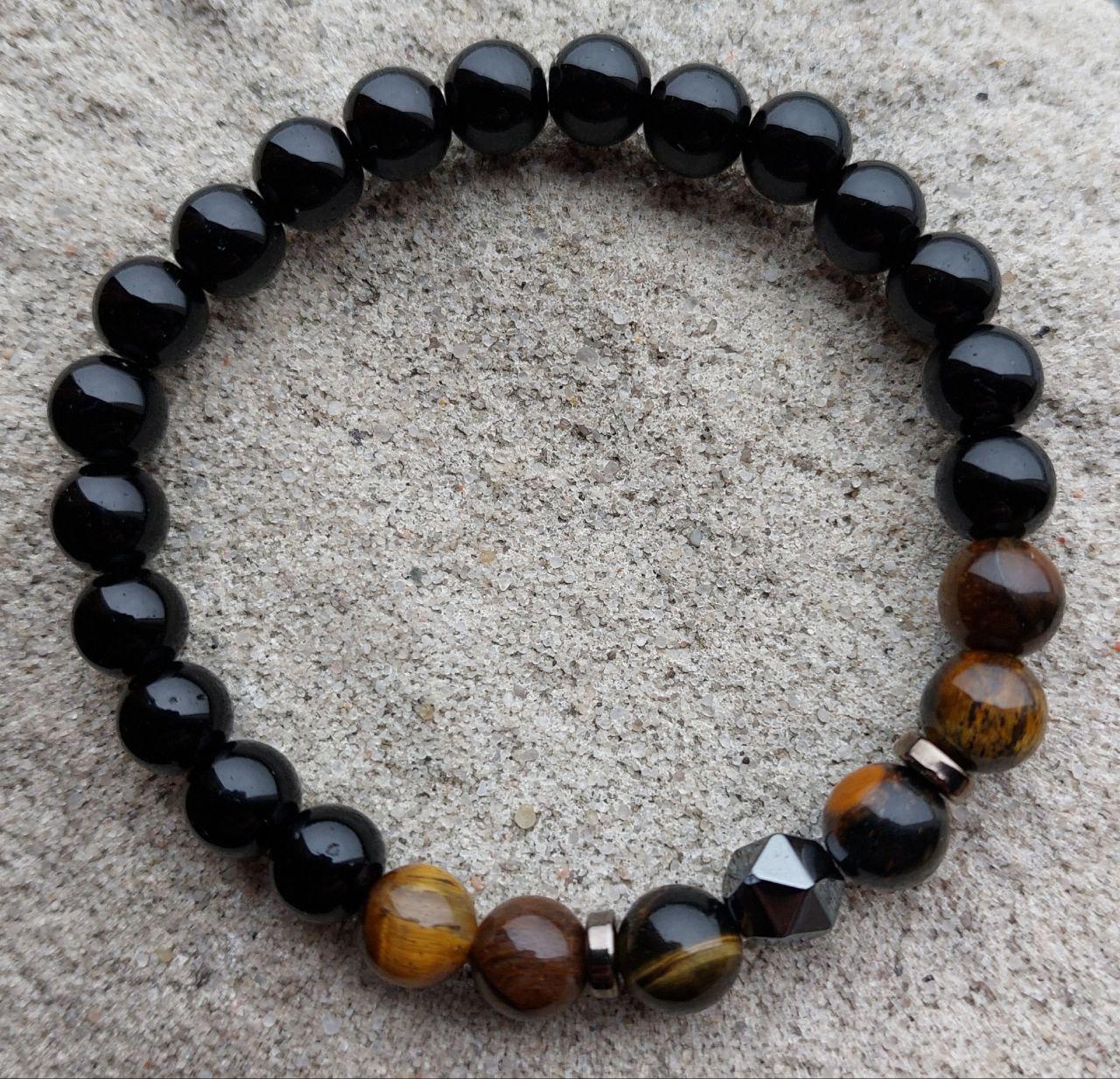 Браслет LITAURS из натурального камня агат d 8 мм с вставками гематит/тигровый глаз L 18-21 см (250213-1)