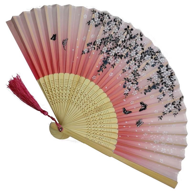 Веер деревянный Цветы и бабочки 21х37 см Розовый(C2286)