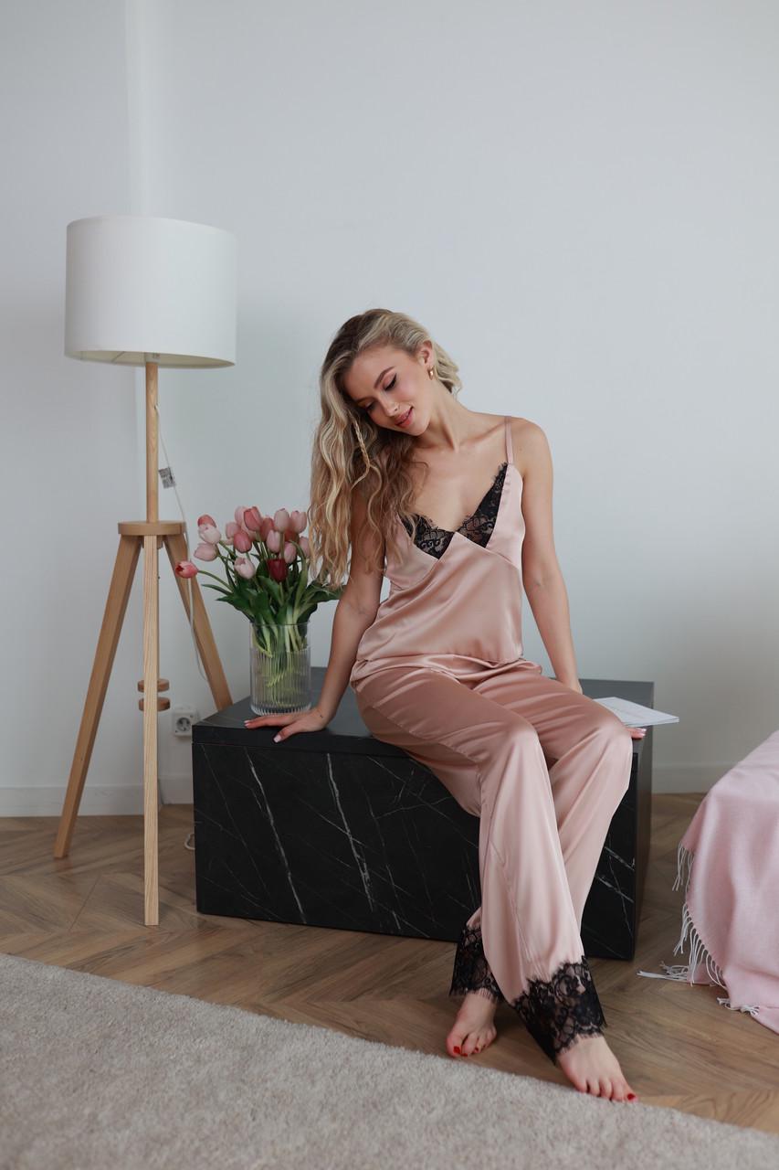 Костюм домашний пижама женская шелковая майка и штаны с кружевом Персиковый (2560530354) - фото 2 Костюм домашний пижама женская шелковая майка и штаны с кружевом Персиковый (2560530354) - фото 2