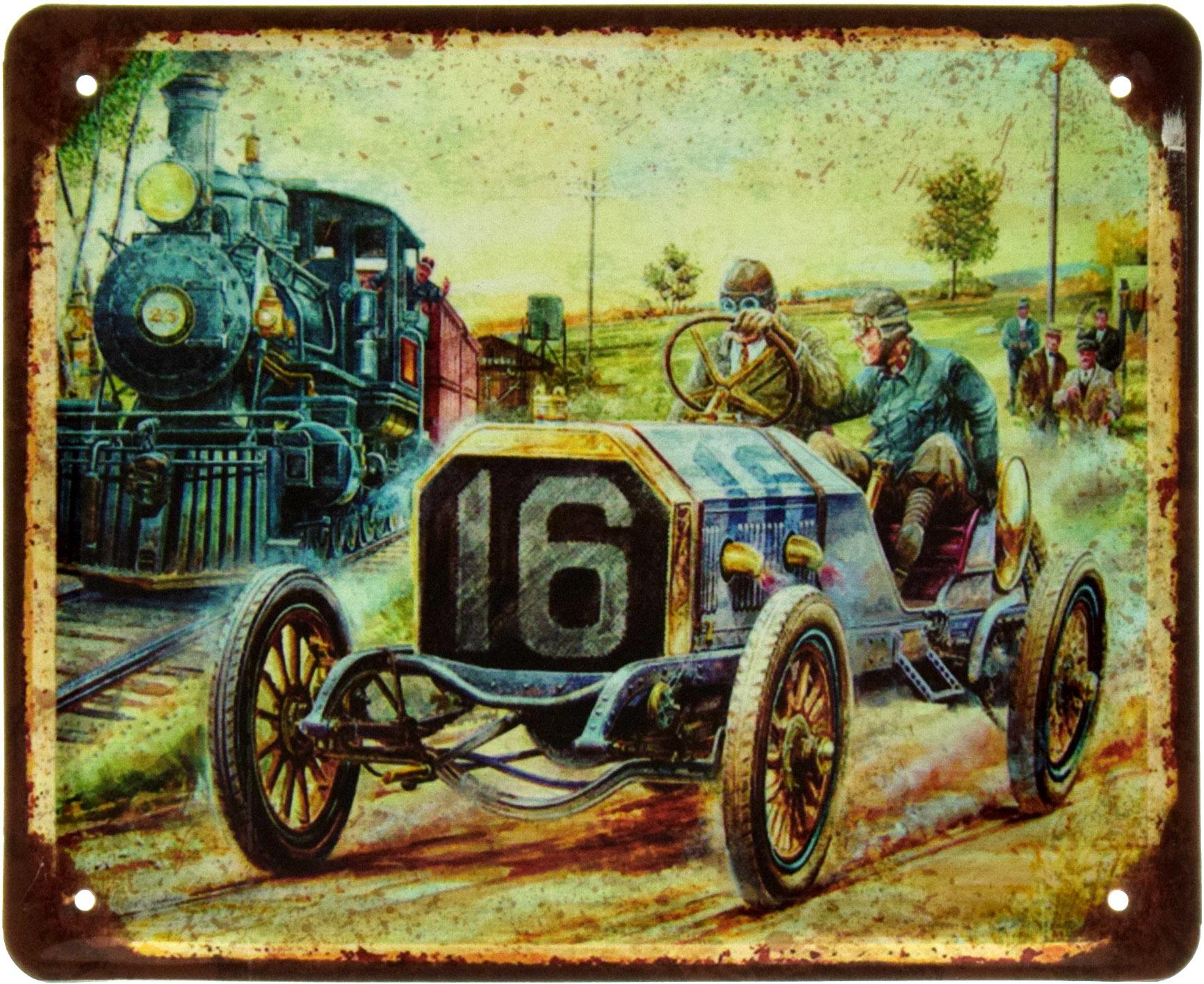 Табличка металева Наввипередки З Паровозом 18x22 см