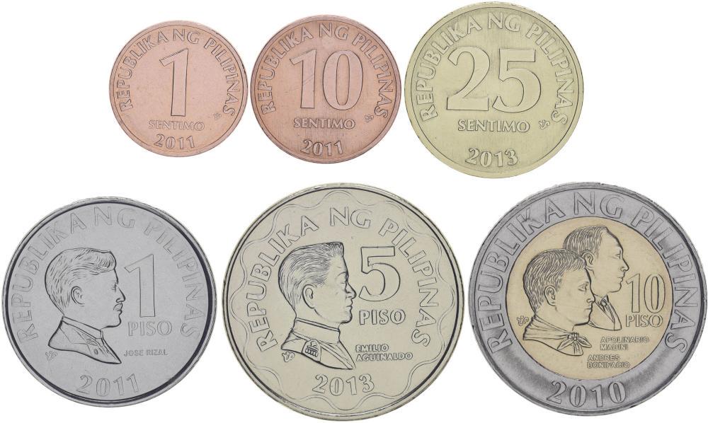 Коллекционные монеты Филиппины 6 шт. 1993-2013 UNC 1/10/25 сентим/1/5/10 песо (М06847)