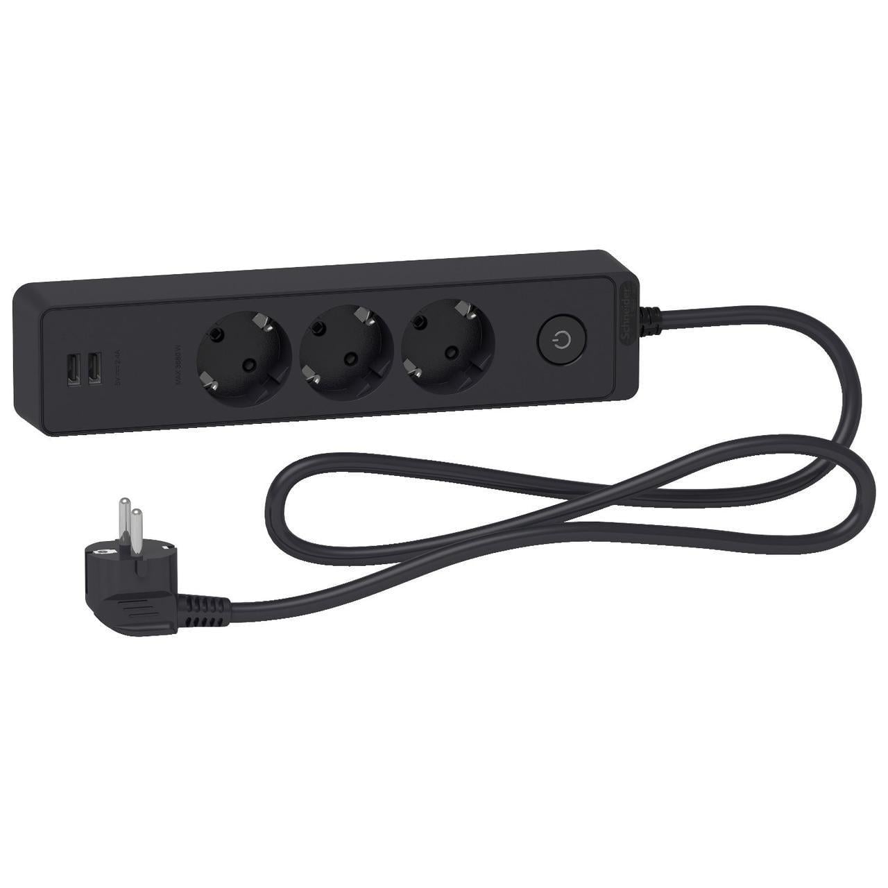 Удлинитель Schneider Electric 3 розеток с заземлением и 2хUSB 1,5 м Черный