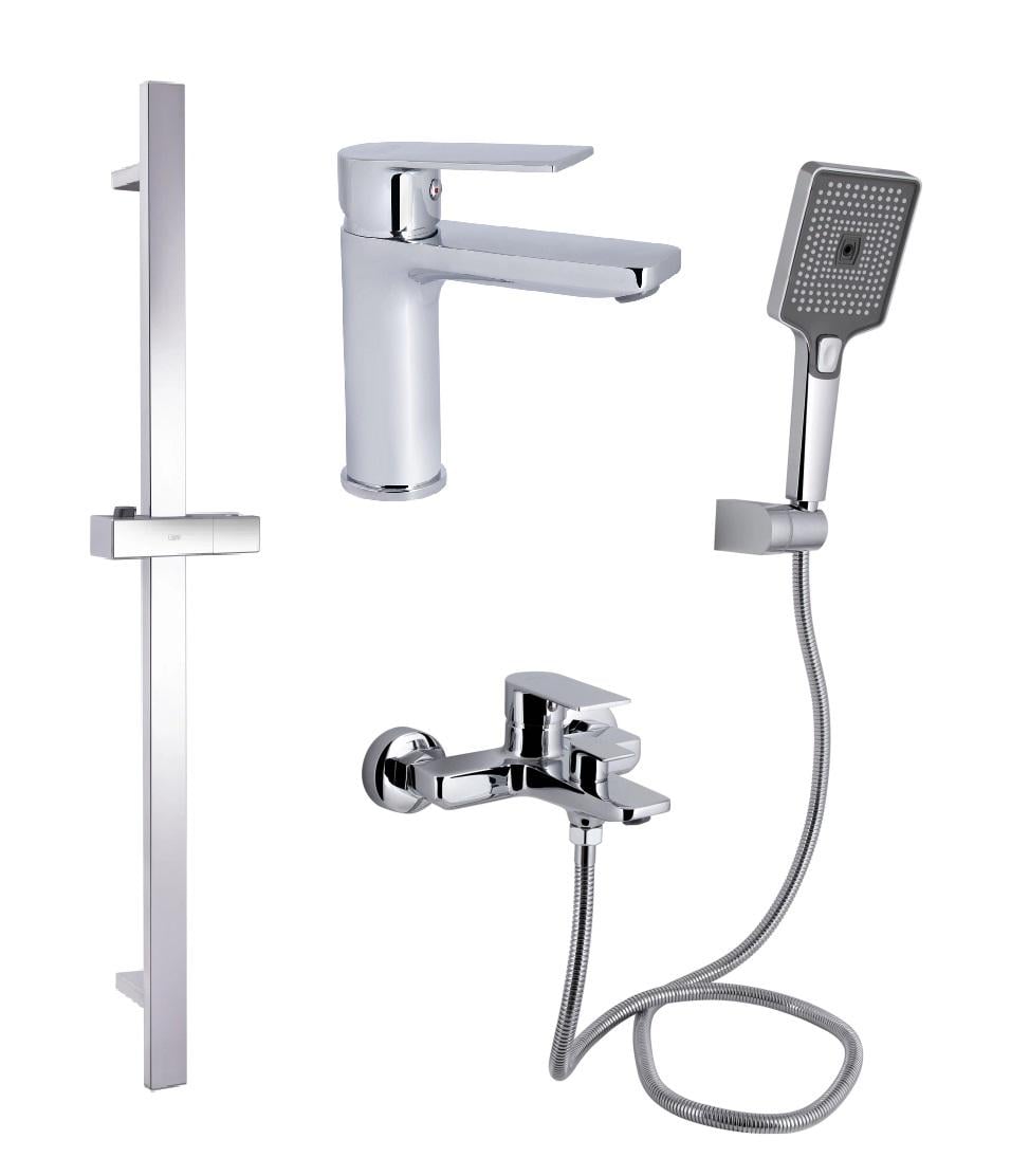 Комплект смесителей Qtap Aries для ванной 3в1 умывальник/ванная/душевая стойка с ручным душем Хром (4555945557)