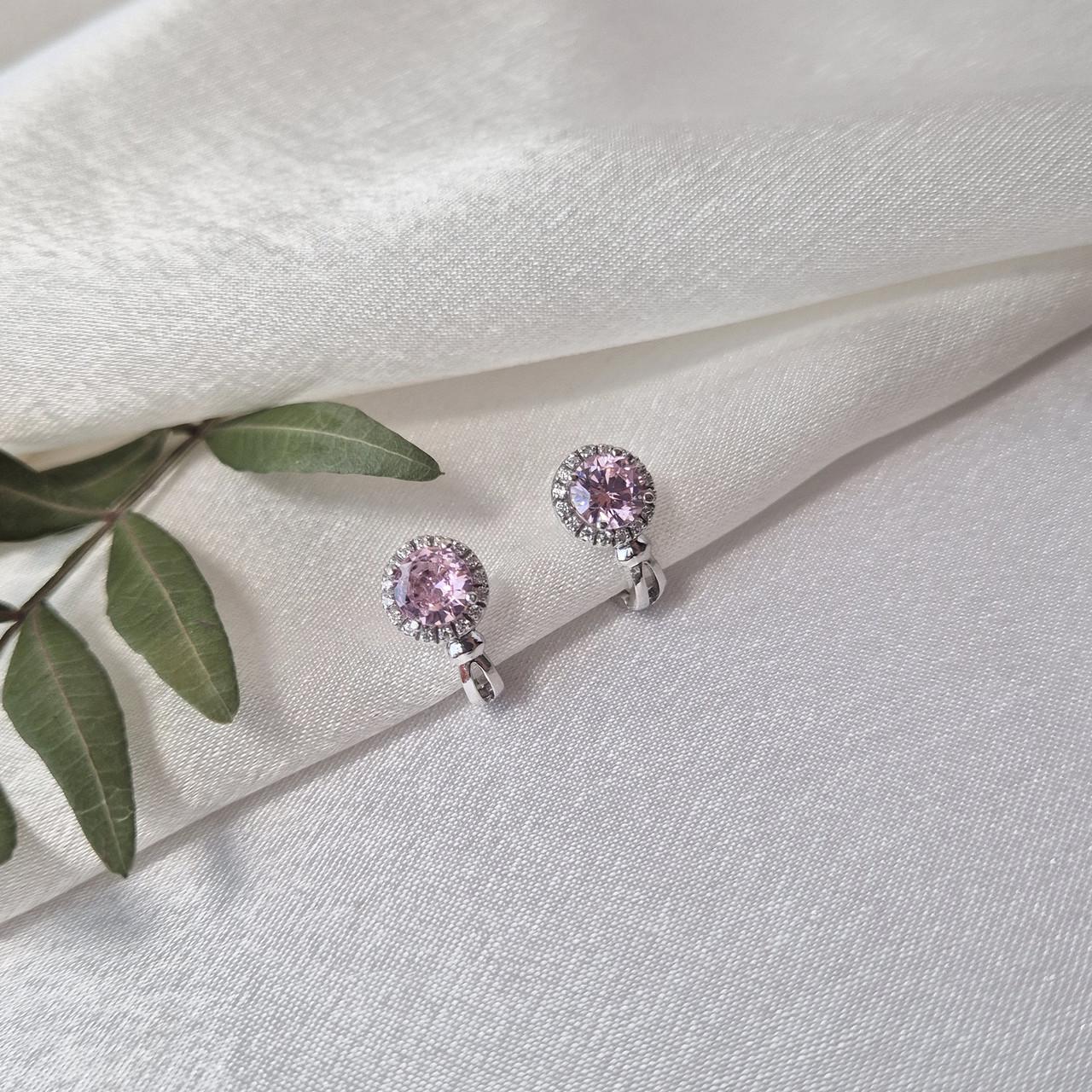 Серьги круг с большим розовым камнем серебро 925 пробы родированное 2,30 г (5801р)