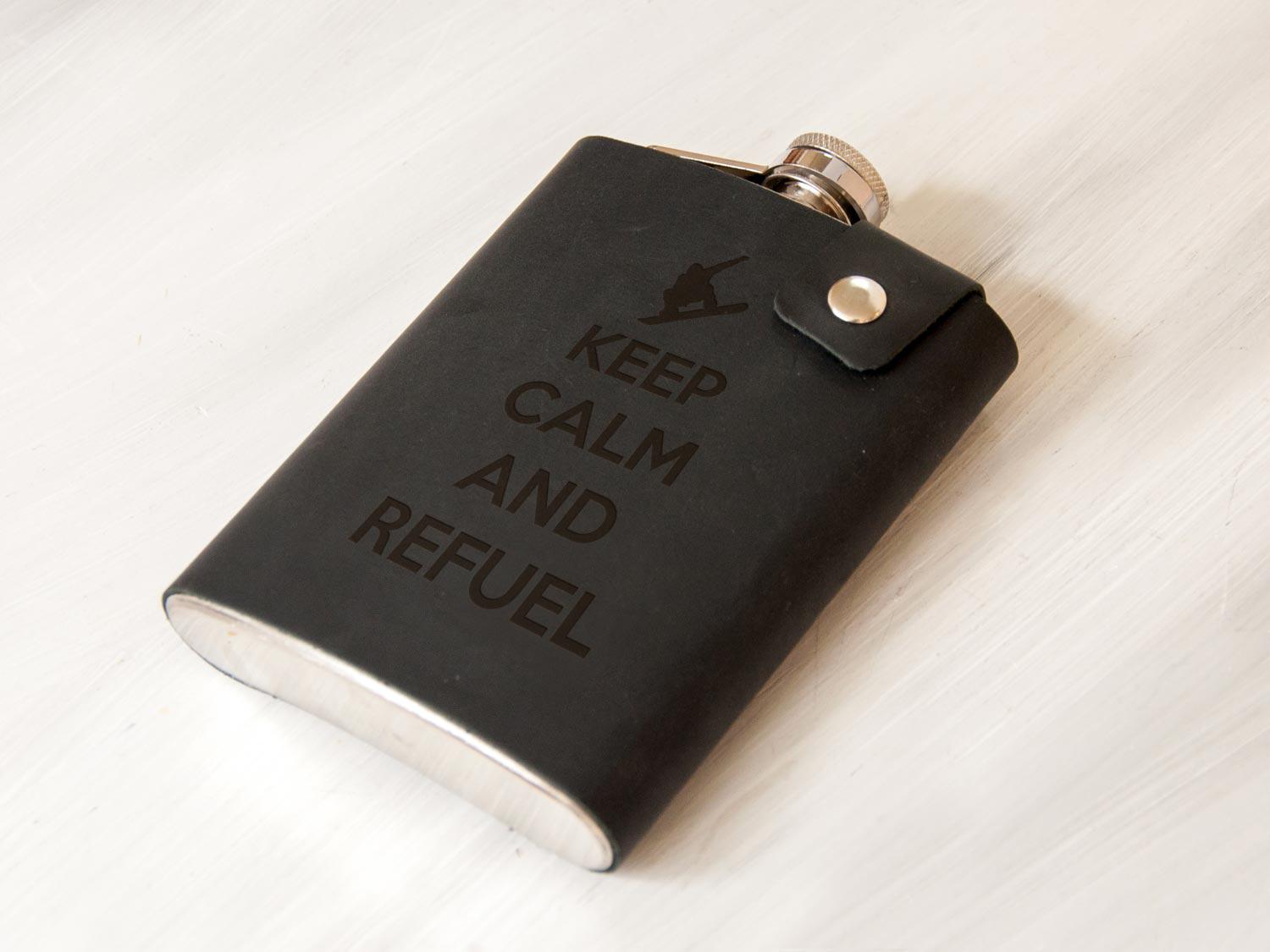 Фляга WoodPresentStudio Keep Calm and Refuel в черной коже 240 мл