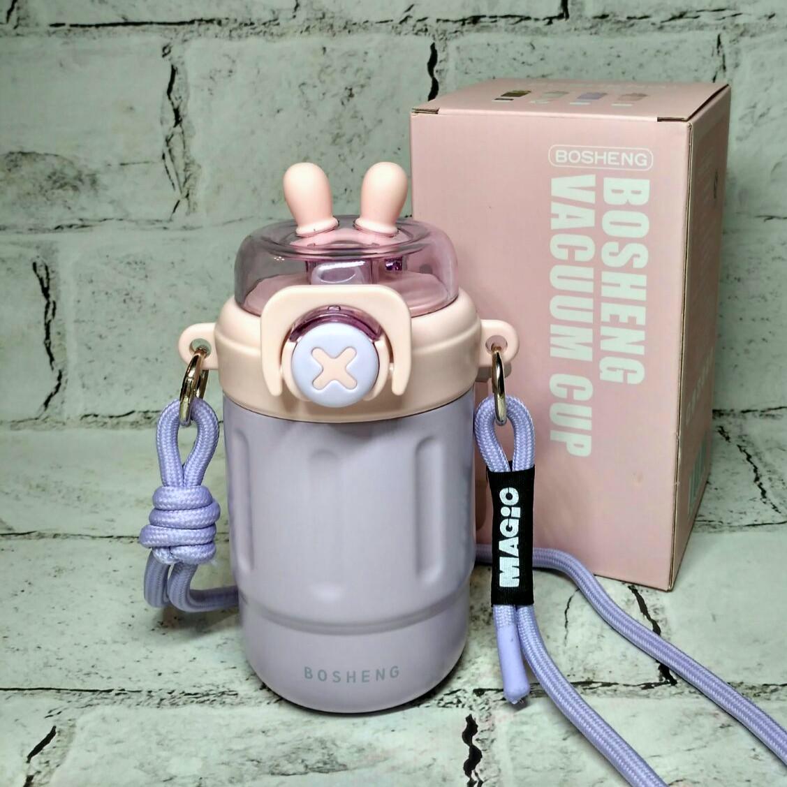 Термостакан с трубочкой Зайчик термочашка для кофе 14х7х6,5 см 300 мл Сиреневый с розовым (1893-2)