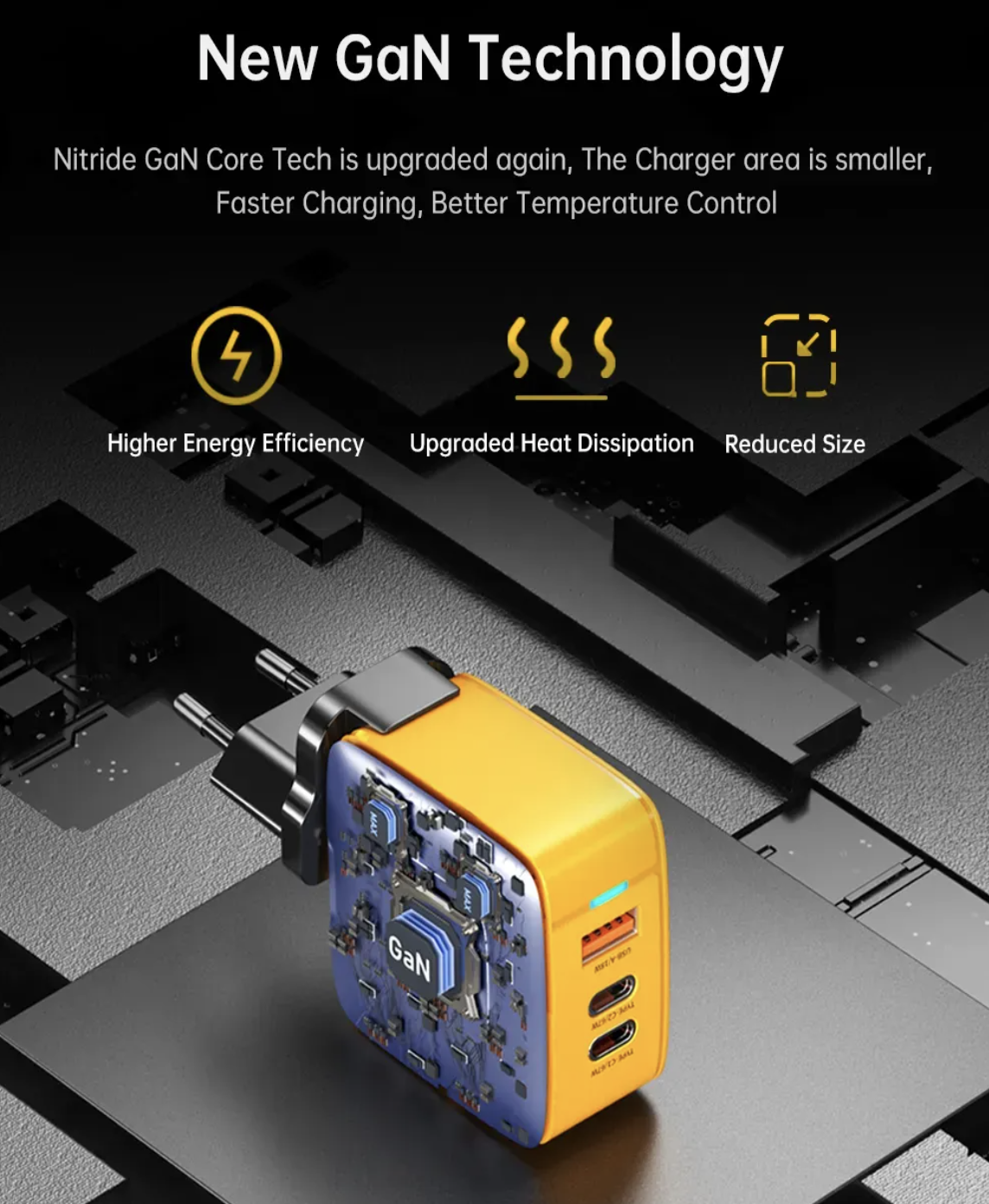 Зарядное устройство для Veron GaN 67W Fast Charge PD+QC 2xUSB-C + USB-A Yellow (770938) - фото 5