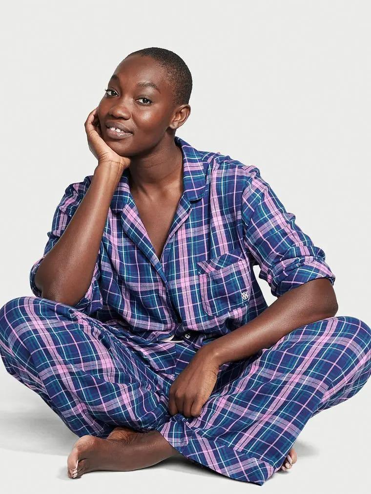 Піжама сорочка/штани фланель Victoria's Secret Long Pajama Set клітинка XS Синій (26560437)
