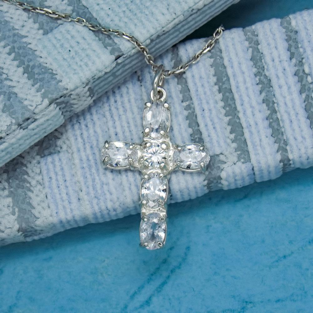 Срібний кулон з фіанітами Хрестик з овальними камінчиками (1129809621) - фото 4