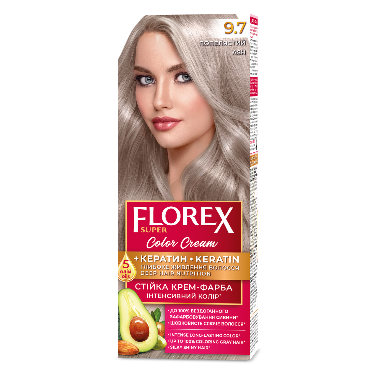 Крем-фарба для волосся стійка Florex кератин 9.7 120 мл Попелястий - фото 1
