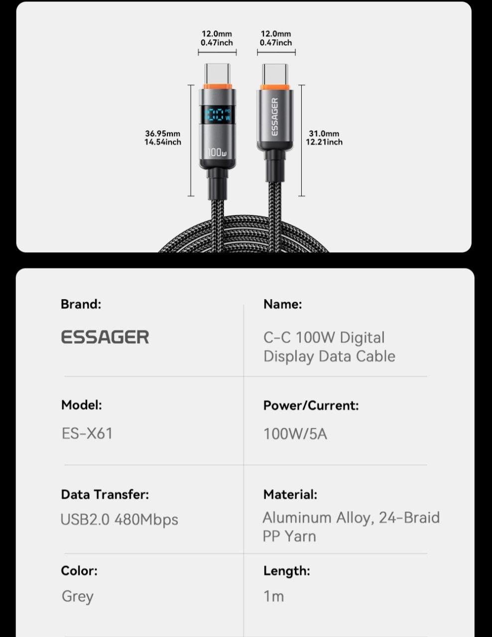 Кабель Essager Type-C PD 100w Fast Charge з дисплеєм 1 м (25397445) - фото 9 Кабель Essager Type-C PD 100w Fast Charge з дисплеєм 1 м (25397445) - фото 9
