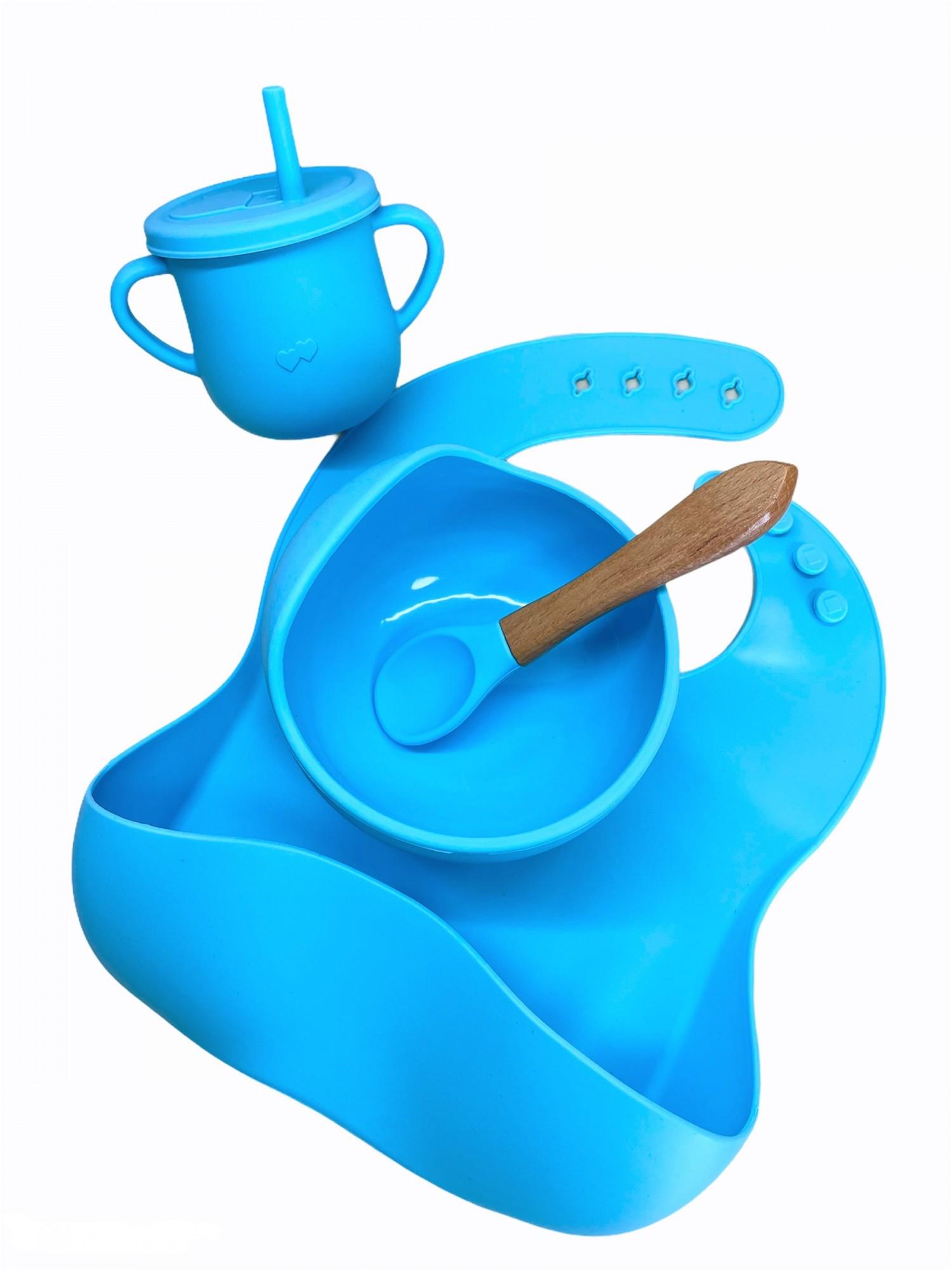 Набор детской силиконовой посуды с присоской тарелка/ложка/нагрудник/поильник Голубой (24043429) - фото 1