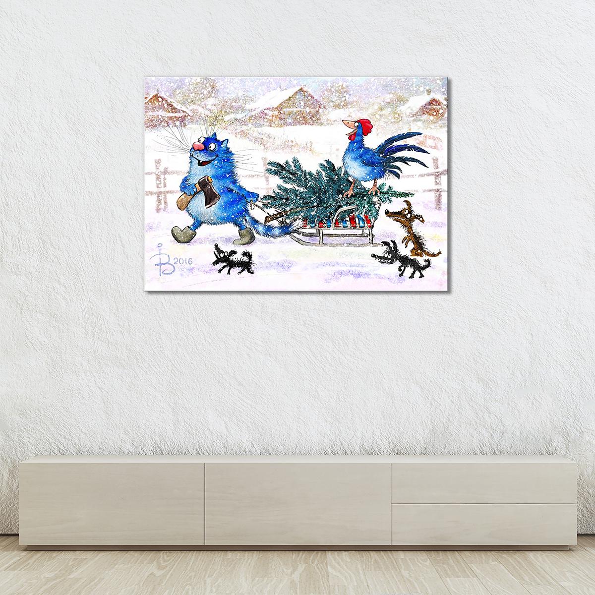 Модульная картина Кот и Петух готовятся к Новому году 1 модуль 70x105 см